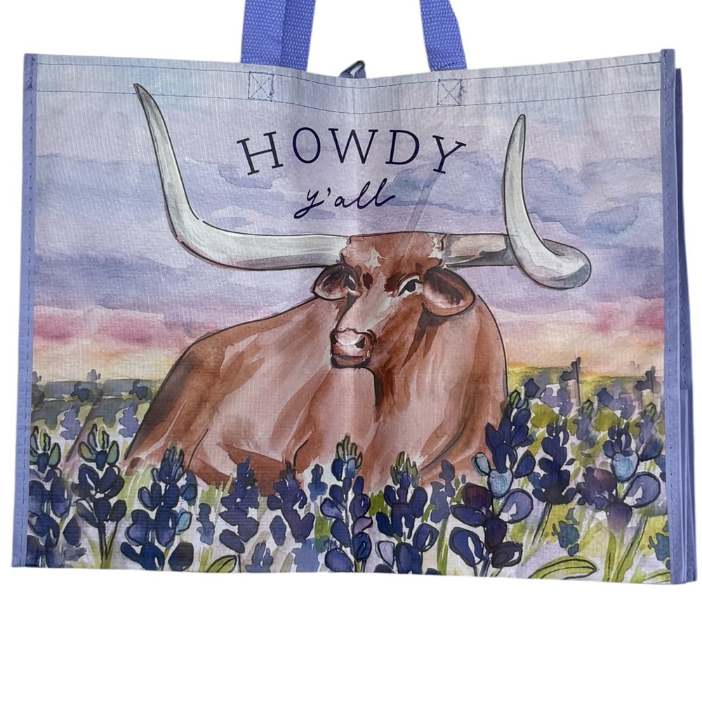 2 Howdy Y'all Longhorn With Texas Bluebonnets Reusable Shopping Tote Bags - Picture 2 of 6